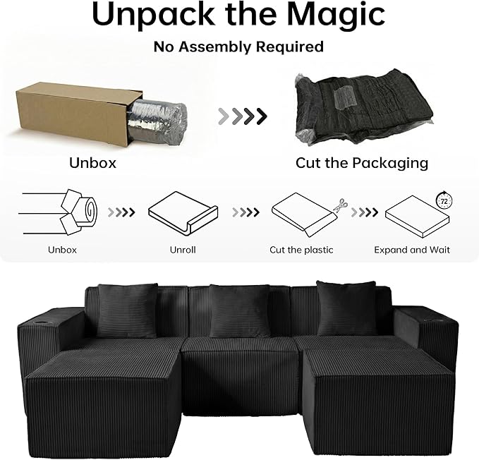 Cloud Modular Sectional CouchBoneless Corduroy Sofa for Living RoomU Shaped Sofa with OttomanDeep SeatNo Assembly Required (Black U Shaped 3 Seater + 2 Ottoman)