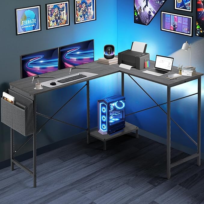 Living&ampGiving L Shaped Gaming Desk 49 Black Home OfficeBedroom Computer Table for Study Standing Executive Desk with CPU Storage Shelf &amp Side Bag Grey
