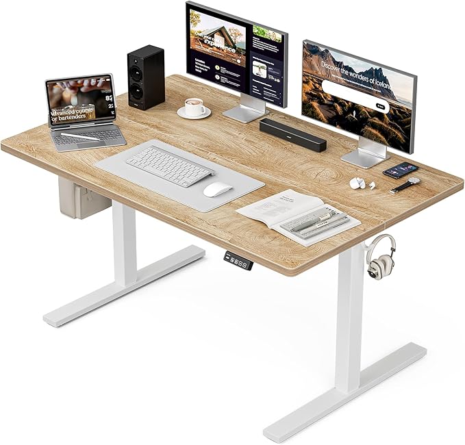 Grandder 47x32 Large Electric Standing Desk Height Adjustable Computer Desk with 2 Memory Presets 31.5 Deep Desktop Sit Stand Desk Home Office Desk Workstation Table with Hooks Oak