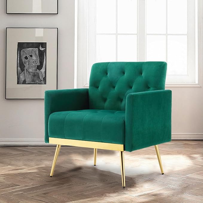 Velvet Accent Chairs Set of 2 Modern Button Tufted Armchair with Metal Legs Small Comfy Upholstered Single Reading Club Chair for Living Room Bedroom Office Decorative(Green)