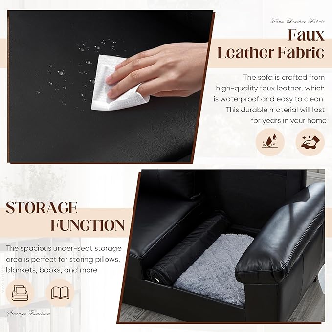 Faux Leather Sofa Couch and Loveseat Sets with Hidden Storage &amp Tufted Backrest Mid Century Modern Couch Deep Seat Comfy Chesterfield Sofa for Living Room Office(Loveseat + 3 Seater Sofa Black