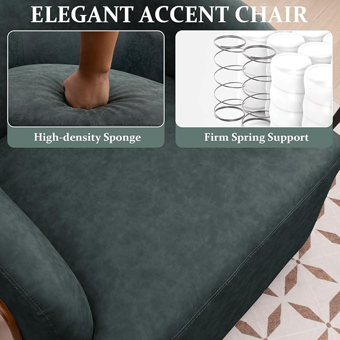 Swivel Accent Chair Faux Leather Swivel Barrel Chair Comfortable Mid Century Modern Chair Upholstered Metal Base Armchair for Living Room Bedroom Office Large Vintage Blue