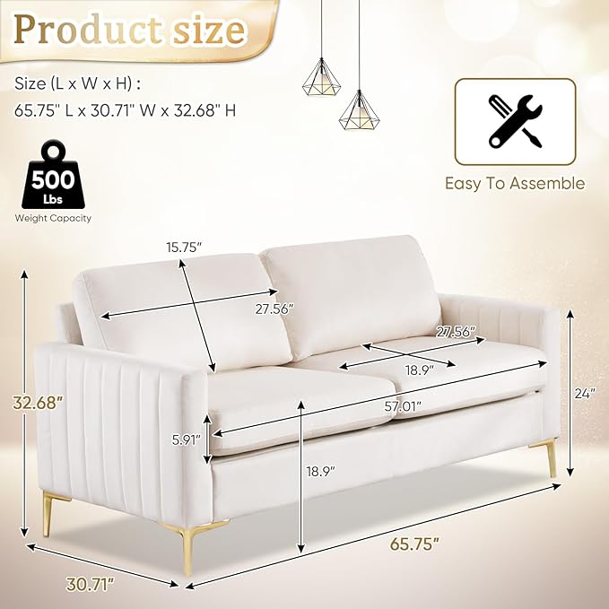 Small Couch for Bedroom 65 Mid Century Modern Loveseat Sofa Love Seat Living Room Comfy Channel Tufted Velvet Upholstered 2 Seater Sectional Couches for Small Space Office Apartment (Beige)