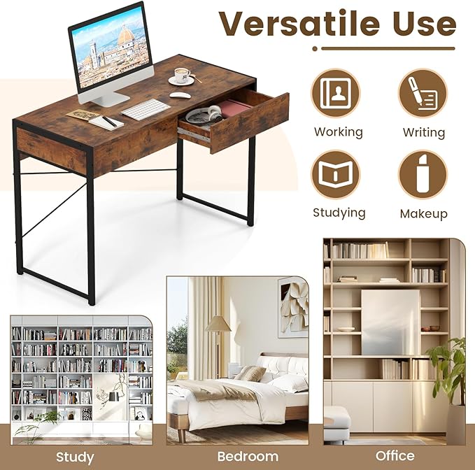 LDAILY Computer Desk with 2 Drawers 44 Inch Home Office Desk with Sturdy Steel Frame &amp X-Bracket Support Spacious Study Writing Workstation Table for Bedroom or Small Spaces (Rustic Brown)