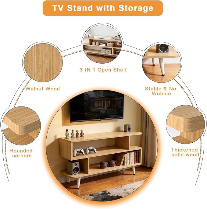 Lightdot TV Stand for TVs up to 45'' Modern Entertainment Center with 3 Open Storage Shelf Large Capacity for CollectionMedia Console Table for Living Room/Sofa Cabinet-Walnut