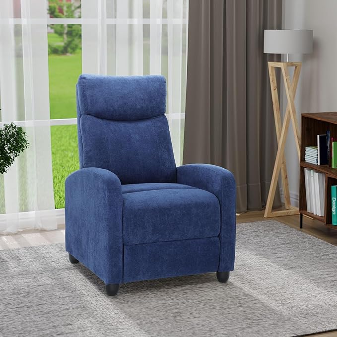 Compact Reclining Chair Linen Upholstered Single Recliner Sofa Chair with Adjustable Backrest &amp Footrest Ideal for Home Living Room Bedroom Office Navy Blue
