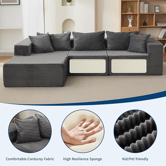 GarveeLife 108” Modular Sectional Sofa Cloud Sectional Couch with L-Shape Chaise Modern Modular Deep Seat Sofa Couch Upholstered Boneless Couches for Living Room Bedroom Left Facing Chaise Grey