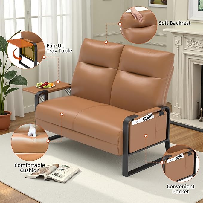 Faux Leather Sectional Couches for Living Room 3 Piece Loveseat and Chair Set with Flip Up Tray Tables Side Pockets Modern Modular Sectional Sofa for Office (2-Seat+1-Seat+1-Seat Brown)