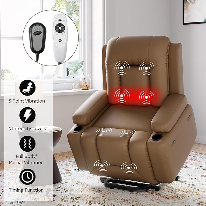PU Leather Power Lift Recliner Chair Faux Leather Recliner Chair Sofa with Massage and Heat Remote Control Electric Stand Assist for Elderly and People Limited MobilityTan