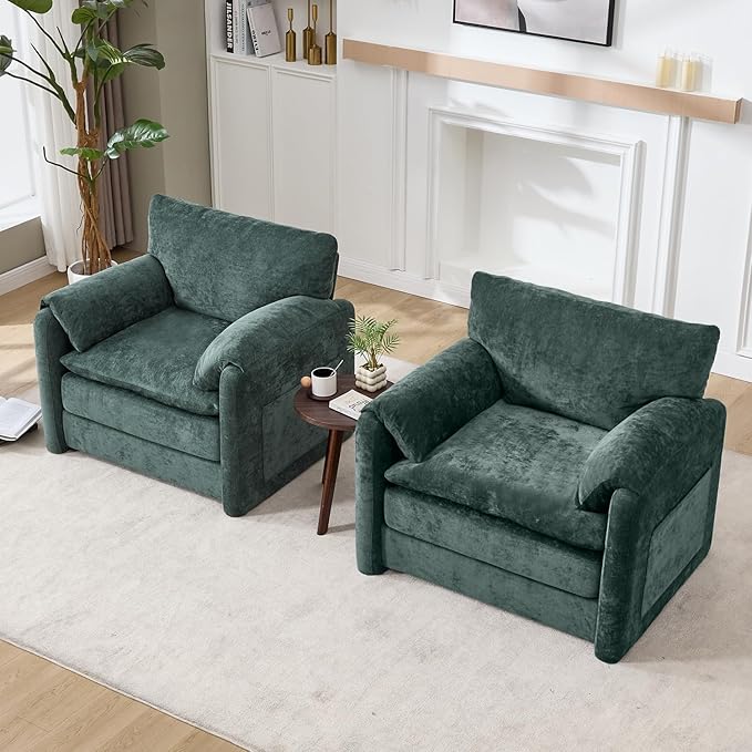 Tbfit Oversized Accent Chair Set of 2 Modern Chenille Armchair for Living Room Comfy Upholstered Reading Chairs for Bedroom Apartment Office RV Green