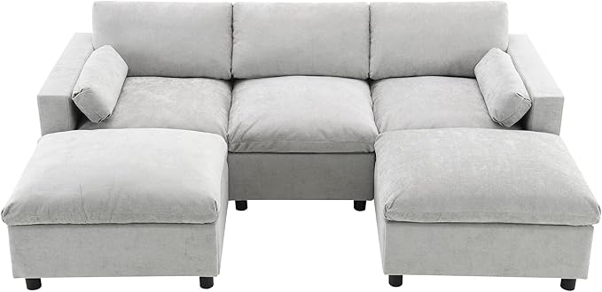 kevinplus 86.5'' Sectional Sofa Couch with Ottoman for Living Room Modern Contemporary 3-Seat Sectional Sofa Couch for Apartment Chenille Fabric Gray