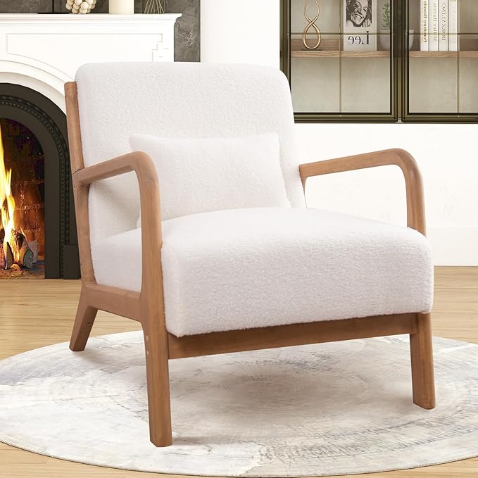ANJ Mid Century Modern Accent Chair Set of 2 Single Boucle Lounge Reading Armchair with Solid Wood Frame Easy Assembly Arm Chairs for Living Room White
