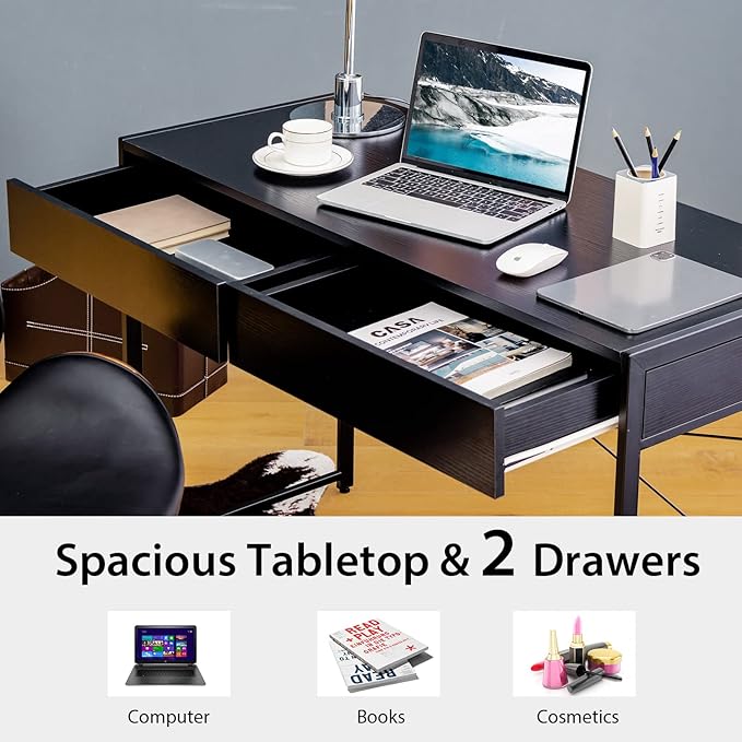 Tangkula Computer Desk with 2 Drawers Simple Wooden Study Writing Desk with Steel Frame 44 Inches Laptop PC Workstation Student Desk Home Office Desk Ideal for Bedroom &amp Office (Black)