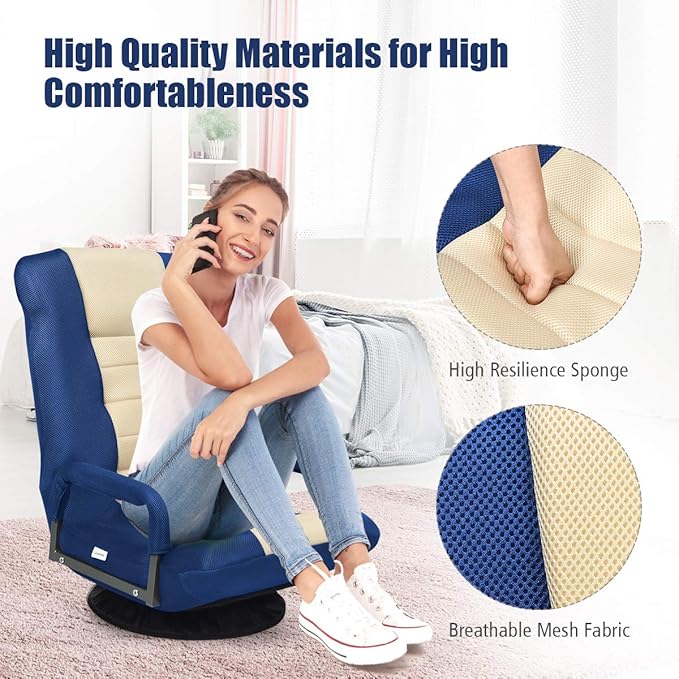 Giantex Floor Chair 360 Degree Swivel Chair with Adjustable Backrest Lumbar Support Armrest Foldable Lazy Sofa Rocker for TV Reading Playing Video Games Blue/Beige
