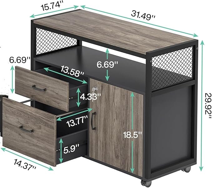 Tribesigns Modern File Cabinet with Drawers for Letter-Sized File and Door Lockable lateral Filing Cabinet Printer Stand with Storage Shelves and with Rolling Caster for Home Office (Dark Walnut)