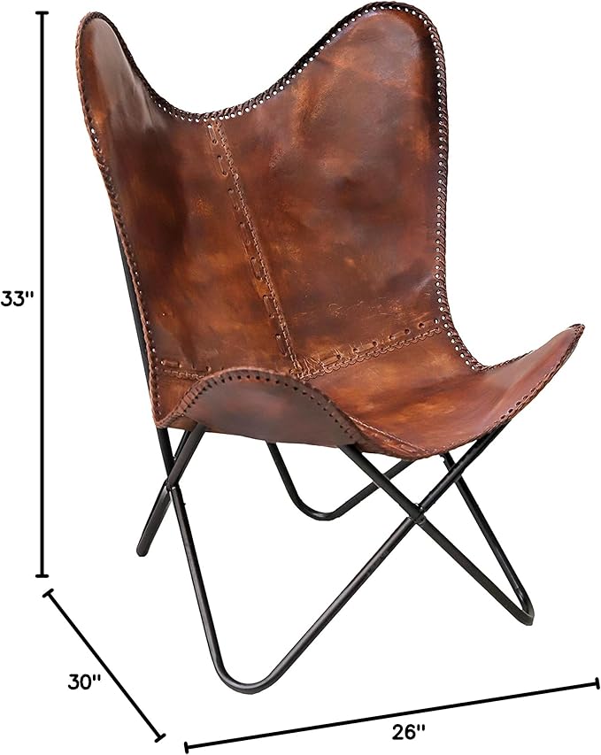 cuero Classy Handmade Dark Brown Leather Butterfly Chair Living Room- Side Hand Stich Leather Chair-Handmade with Powder Coated Folding Black Iron Frame (Cover with Folding Frame)
