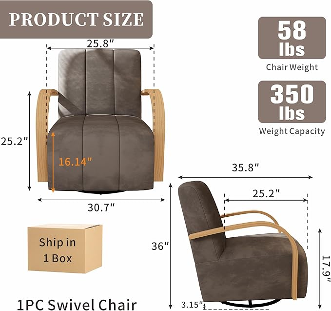 Chifee &amp Vingol 360° Swivel Accent Chair 30.3 W Velvet Swivel Living Room Chair with Solid Wood Armrests Mid Century Modern Reading ChairCharcoal