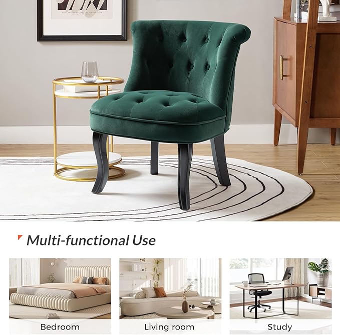 HULALA Home Velvet Accent Chair Modern Upholstered Fabric Armless Wingback Chair with Solid Wood Legs Comfy Tufted Vanity Club Chair for Reading Living Room Bedroom Guest Room Pine Green