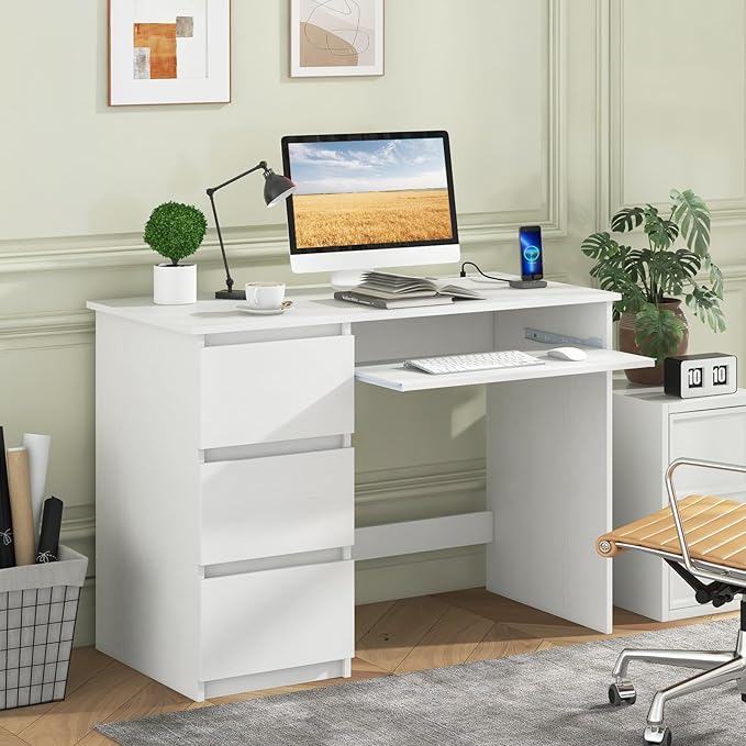 Nightcore 42” Computer Desk with Power Outlets Writing Desk with 3 Storage Drawer &amp Keyboard Modern PC Workstation Study Desk for Bedroom Home Office (White)