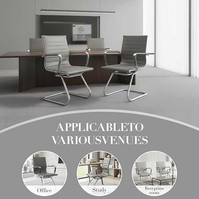 CIMOTA Waiting Room Chairs Leather Office Guest Chair Mid Back Reception Chairs with Sled Base for Meeting/Patient/Conference Room Grey Set of 4