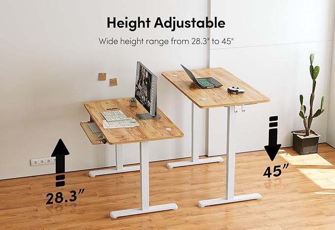 BANTI 48 x 24 Height Adjustable Electric Standing Desk with Keyboard Tray Sit Stand up Desk with Splice Board White Frame/Light Rustic Brown Top