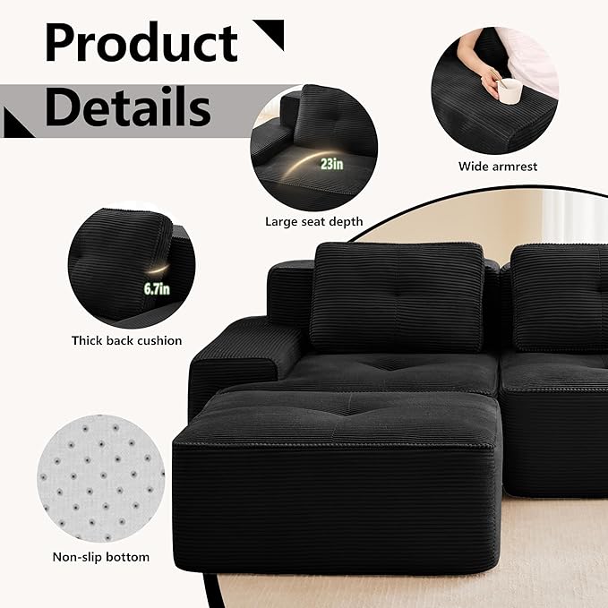 115.3” Black Boneless Couches for Living Room Modular Sectional Sofa with U-Shape Chaise 3 Seater Comfy Upholstered Deep Seat Corduroy Fabric Cloud Couch No Assembly Anti-Slip Design