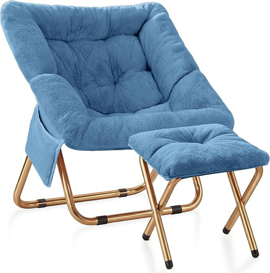 Comfy Saucer Chair Foldable Living Room Chairs Soft Faux Fur Lounge Chair for Bedroom Reading Chairs for Adults Teens X-Large (Blue)