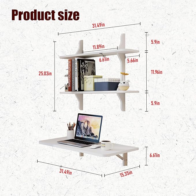Pmnianhua Wall Mounted Folding Table 31'' Floating Laptop Desk with Shelves Foldable Drop Leaf Table Wall Mount Fold Down Table for Laundry Room Kitchen Bar Home Office Small Space(White)