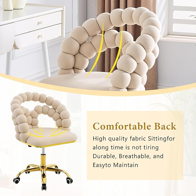 Home Chair Swivel Velvet Desk Chair Upholstered Accent Chairs with Gold Base for Girls Women Study Seat Caterpillar Computer Stools for Living Room(Cream)