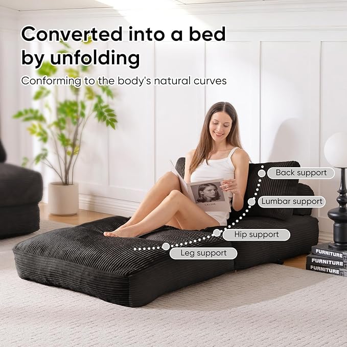 Waxberry Folding Sofa Couch Bed 36 Deep Oversized Seat Boneless Sofa Chair Corduroy Convertible Single Sleeper Chair Couch Bed for Living Room Portable Fold Out Chair Bed With Back Support (Black)