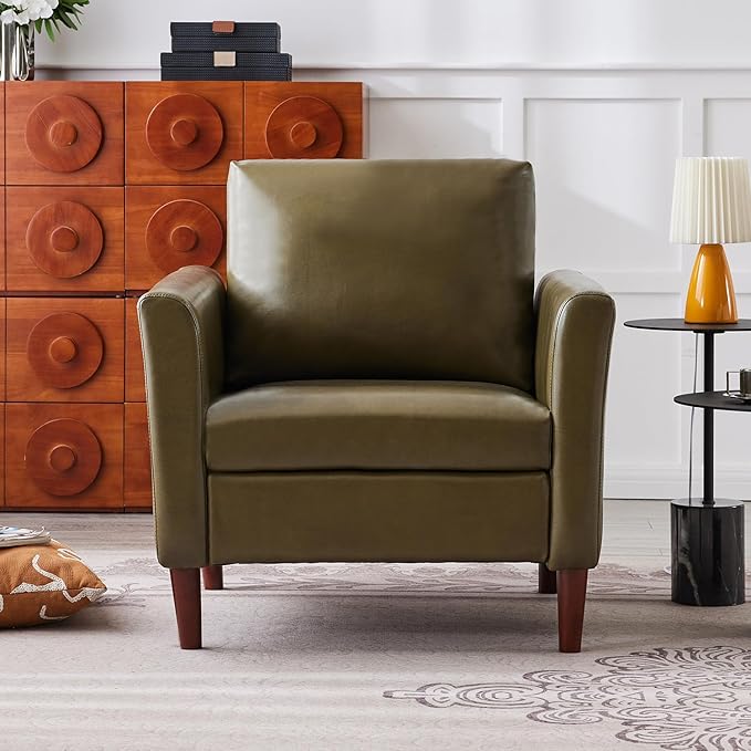 Kingfun Mid-Century Accent Chairs PU Leather Modern Upholstered Living Room Chair Cozy Armchair with Rolled Arms and Deep Seats Olive Green