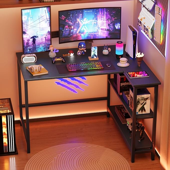 L Shaped Computer Desk 43 Inch Corner Desk with Reversible Storage Shelves Home Office Desk with Metal Frame Modern Simple Style for Home Office Living Room Bedroom Black