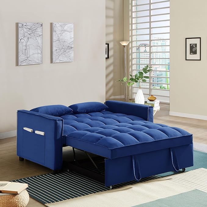 3 in 1 Convertible Sleeper Sofa Couch with Pull Out Bed55 Velvet Upholstered Futon Sofa BedModern Loveseat Sleeper Chaise with Adjustable Backrest for Living Room Guest Room Apartment(Blue)