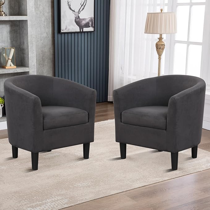 INZOY Modern Accent Chair with Ottoman for Small Space Club Chair with Ottoman Set Comfy Fabric Barrel Reading Chairs for Living Room Bedroom Round Reading Chair with Foot Rest Dark Grey
