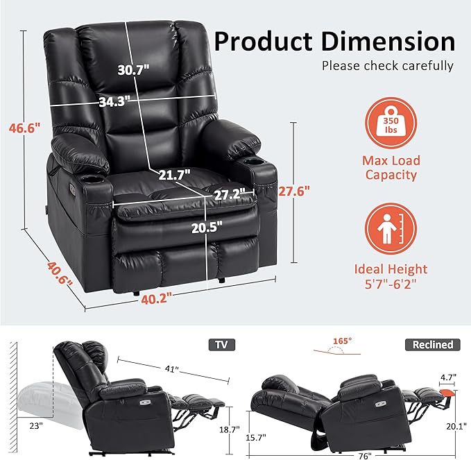 MCombo Oversized Triple Motor Power Lift Recliner Chair with Massage and Dual Heating Adjustable Headrest for Big and Tall Elderly People Faux Leather R7635 (Black Large-Oversize)