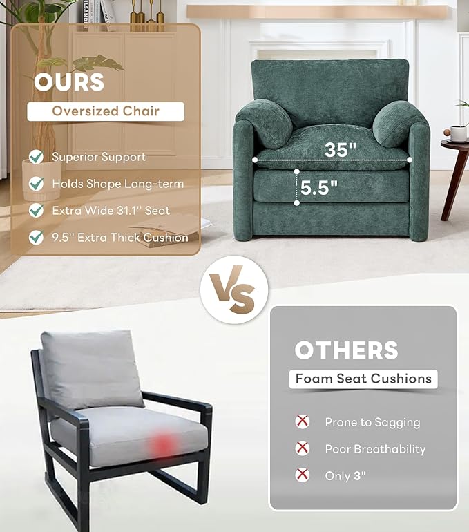 Tbfit Oversized Accent ChairModern Chenille Armchair for Living Room Comfy Upholstered Reading Chairs for Bedroom Apartment Office RV Green