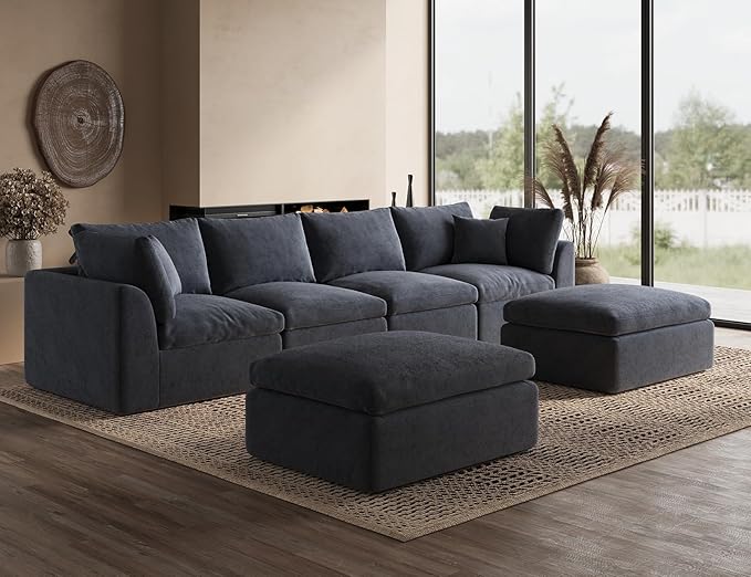 Oversized Cloud Sectional Couches for Living Room Boneless U Shaped Couch with Ottoman 4 Seater Modular Sectional Sofa Dark Grey
