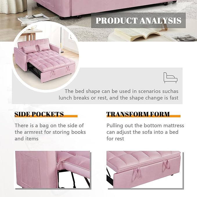 54 Convertible Sofa Bed Velvet Sleeper Sofa with Pull-Out Bed 3-in-1 Futon Couch with Reclining Backrest and Side Pocket Modern Loveseat for Living Room (Pink)