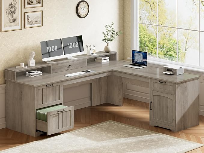 SEDETA 63 L Shaped Desk with Drawers Farmhouse Corner Computer Desk Wood Office Desk with File Drawers with Storage Executive Desk with Monitor Stand and Storage Cabinet Grey