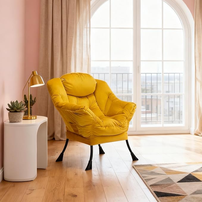 HollyHOME Lazy Chair with Armrest and Side Pocket Comfy Accent Lounge ChairLeisure Sofa Armchair for Living Room Bedroom Dorm or Small Spaces Oversized Reading Sofa ChairVelvet Yellow