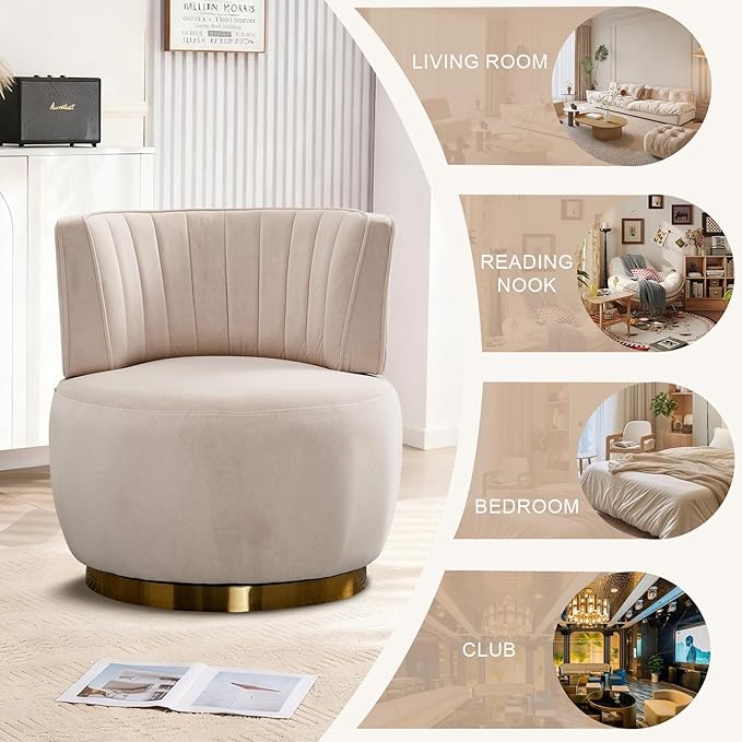 360 Degree Swivel Accent Chair Comfy Round Swivel Barrel Chair with Mental Base Upholstered Cozy Reading Armchairs Modern Lounge Sofa Chairs for Living Room Bedroom Club Office(Velvet Beige)