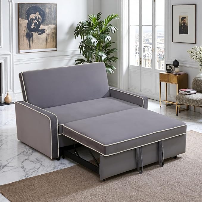 FONTOI 53 Inch Convertible Pull Out Sofa Bed Sleeper Couch with Fluffy Fabric Loveseat with Adjustable Backrest for Living Room Bedroom Apartment Light Grey