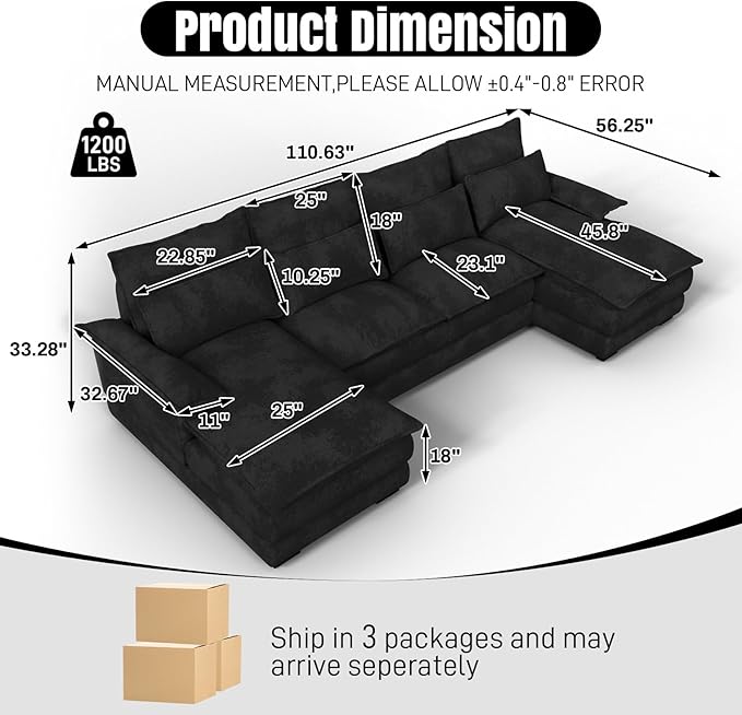 OUYESSIR 110 U Shaped Cloud Sectional Sofa with Deep Seat Cushions Modern Comfy Chenille Couch 4 Seater Fluffy Sectional Couches for Living Room with Double Chaise(Black)
