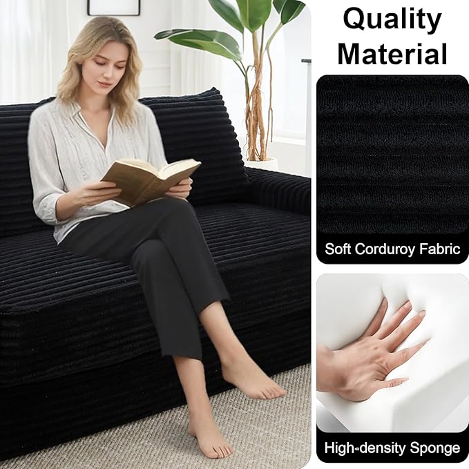 GNIXUU 71 Corduroy Cloud Loveseat Sofa 2 in 1 Convertible Black Boneless Sleeper Sofa with Fixed-Shape Frame Comfy Folding Love Seat Couches for Living Room Apartment Small Spaces