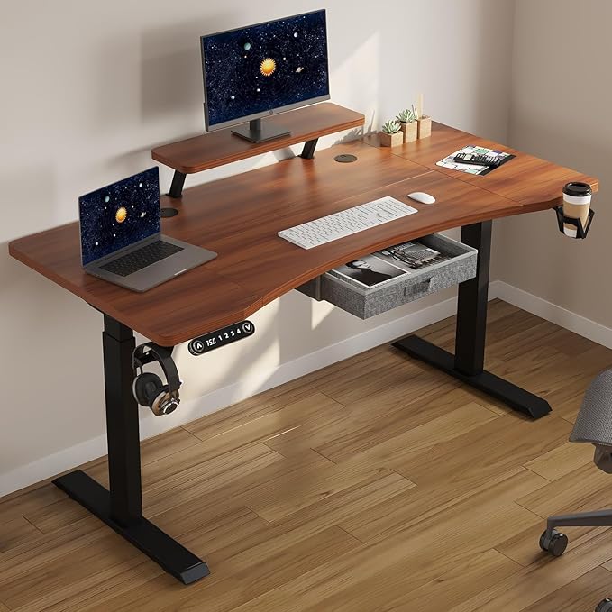 Dual Motor Standing Desk with Drawer 63x30 Inches Electric Height Adjustable Sit Stand Up Desk with Storage Shelf Home Office Desk Computer Workstation with Walnut Top/Black Frame