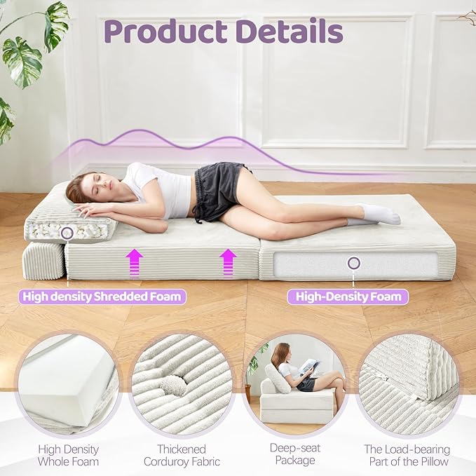 Folding Sofa Bed Chair Sleeper Chair for Adults with High-Density Foam and PillowPortable 3 in 1Folding Chair Bed for Living Room、Apartment 、HotelSingle Creamy Apricot