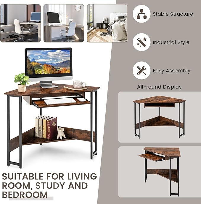 MEDIMALL Triangle Computer Desk Small Corner Writing Table with Power Outlets Keyboard Tray &amp Storage Shelf Strong Metal Frame Home Office Workstation Gaming Desk for Small Spaces Rustic Brow