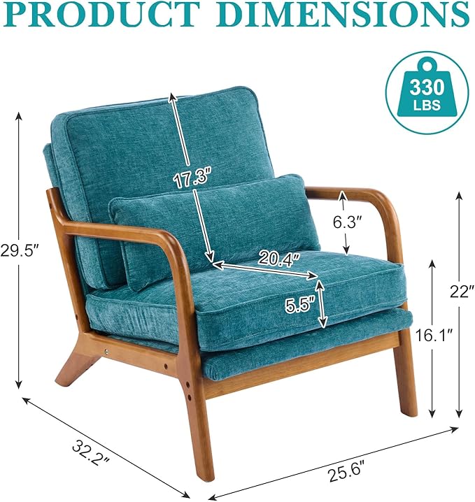 Karl home Mid Century Modern Accent Chair with Lumbar Pillow &amp Oak Arms – Plush Chenille Living Room Chair for Bedroom Lounge (Teal)