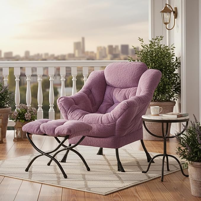 Tiita Lazy Chair with Ottoman Purple Modern Large Accent Chair Comfy Leisure Sofa Armchair with Ottoman Reading Chair with Footrest for Bedroom Living Room Dorm Rooms Plush Purple