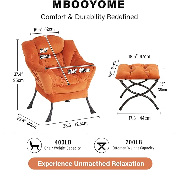Lazy Chair with Folding Ottoman Modern Accent Armchair with Armrests Side Pocket &amp Foldable Footstool Reading Chair for Living Room Bedroom Dorm &amp Office Velvet Orange